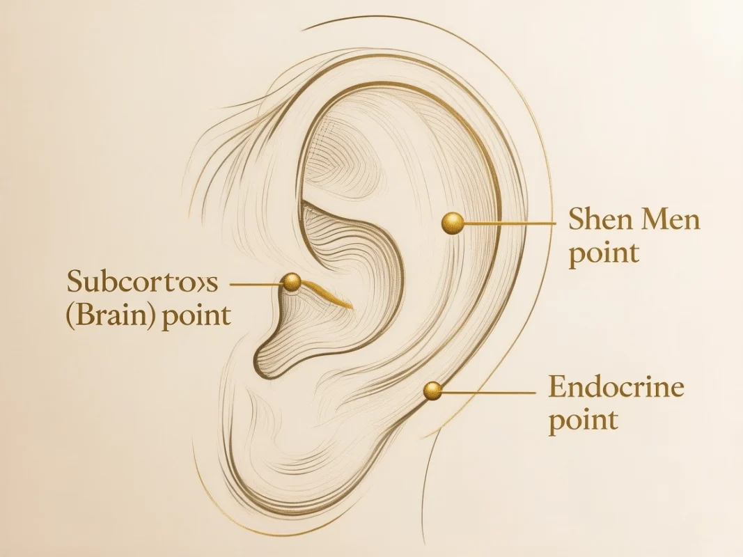acupressure-points-concentration-chart An elegant ear acupressure chart highlighting the Subcortex, Shen Men, and Endocrine points for focus.