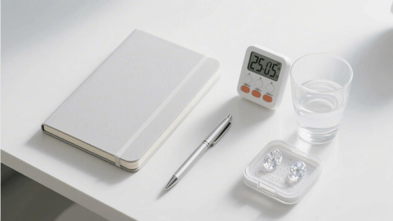 mindful-workspace-productivity-tools A flat lay of a mindful workspace featuring a Pomodoro timer, notebook, and a LINGLONG JUHUO ear seed kit.