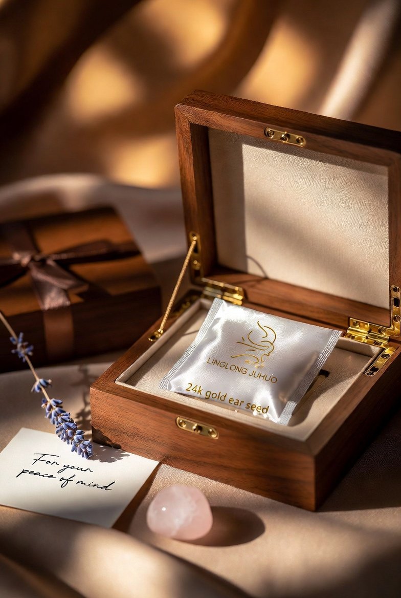 An elegantly packaged LINGLONG JUHUO ear seed kit, perfect for meaningful wellness gifts.
