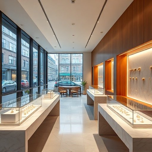 The interior of a LINGLONG JUHUO wellness boutique featuring elegant jewelry displays.