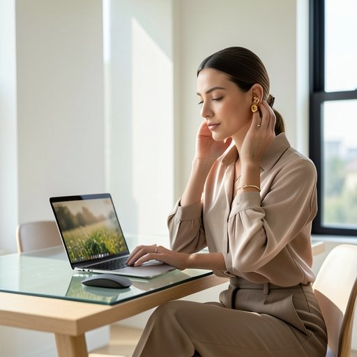 A professional woman practicing a tech wellness ritual to relieve screen fatigue using gold ear seeds.