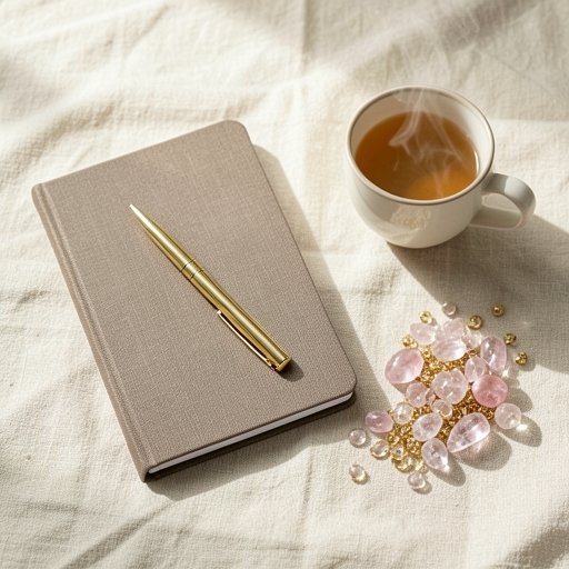 A gratitude journal and a LINGLONG JUHUO ear seed kit arranged for a morning self-care ritual.